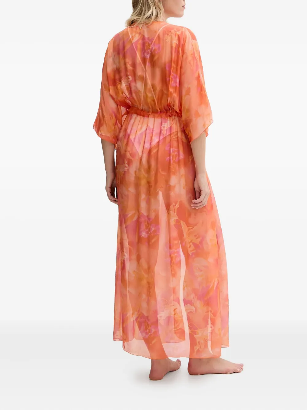 Guess Usa Floral-print Drawstring Beach Robe In Orange