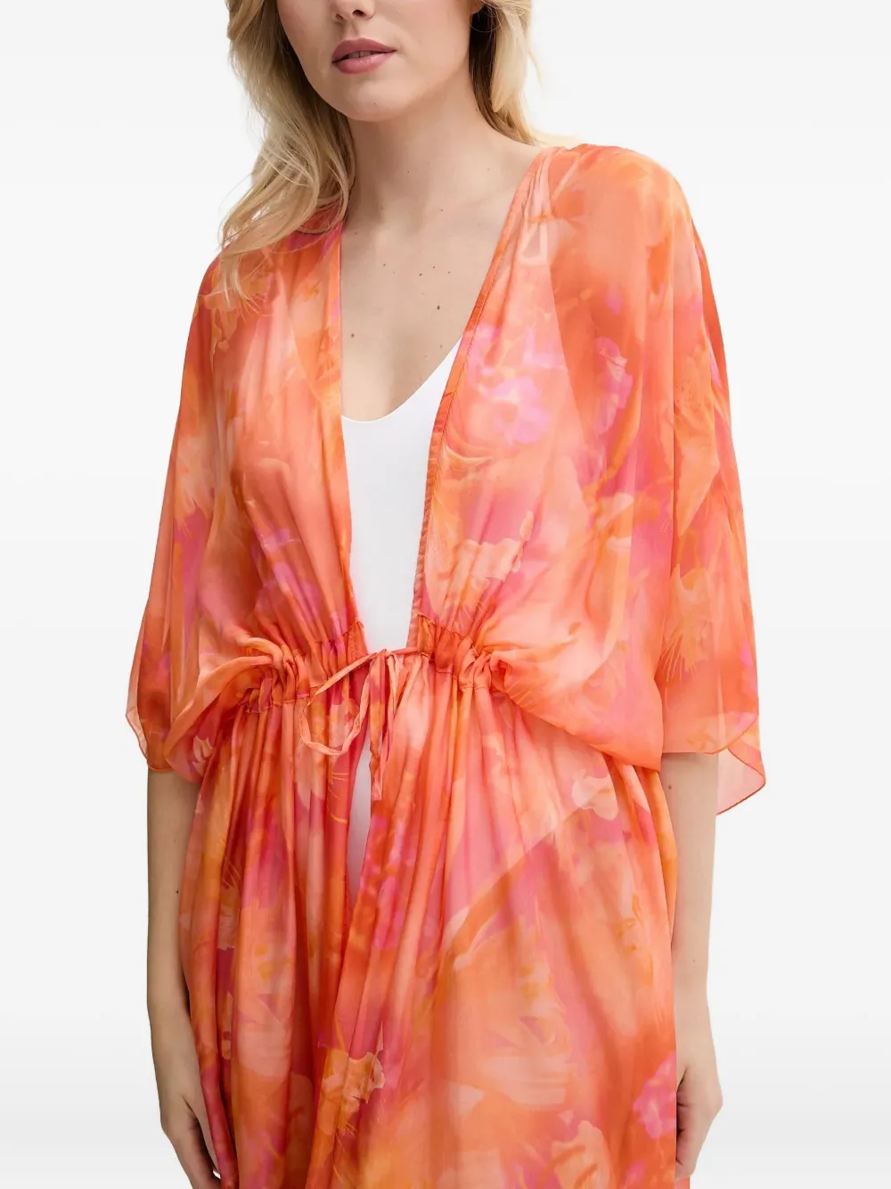 Guess Usa Floral-print Drawstring Beach Robe In Orange