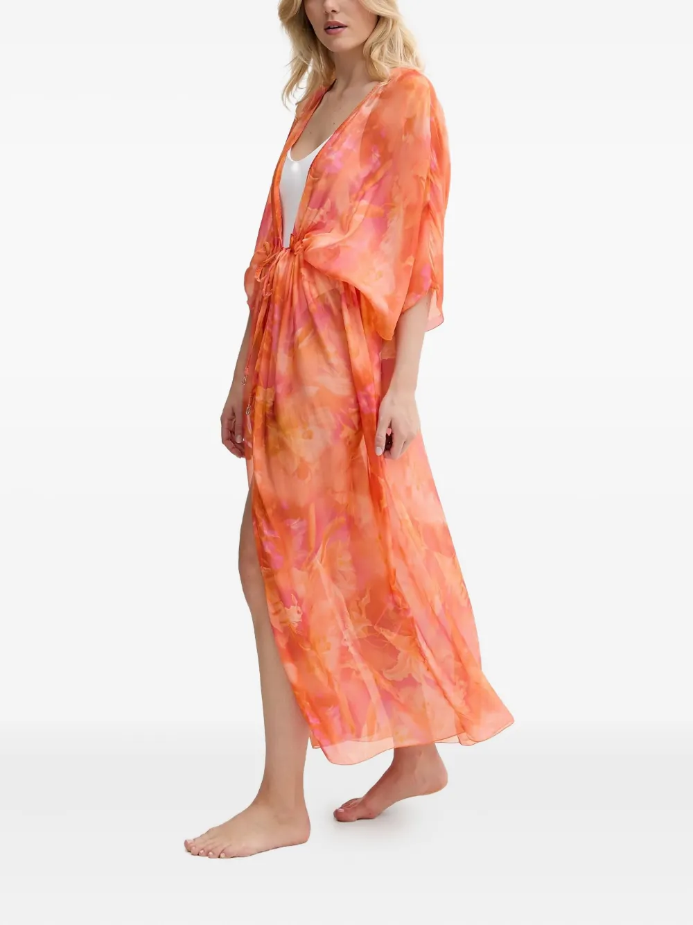 Guess Usa Floral-print Drawstring Beach Robe In Orange