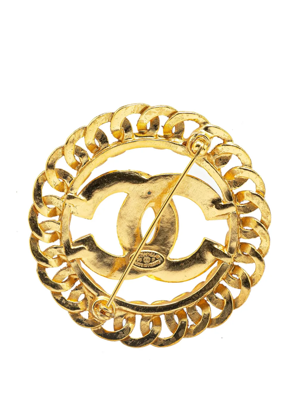 Pre-owned Chanel 1996 Cc Gold Plated Chain Round Brooch Costume Brooch
