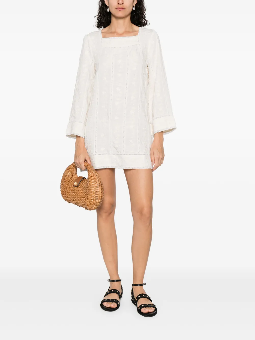Rixo Mini-jurk met geborduurde bloemen - Beige