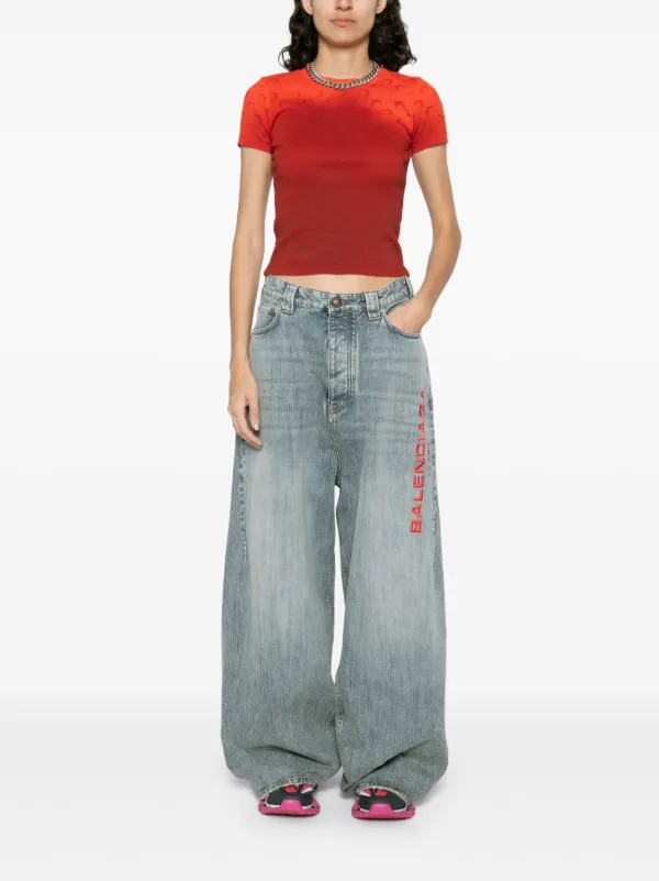 デニム・ジーパン [Balenciaga] Logo embroidered wide-leg jeans Balenciaga logo-embroidered Jeans | Blue | FARFETCH
