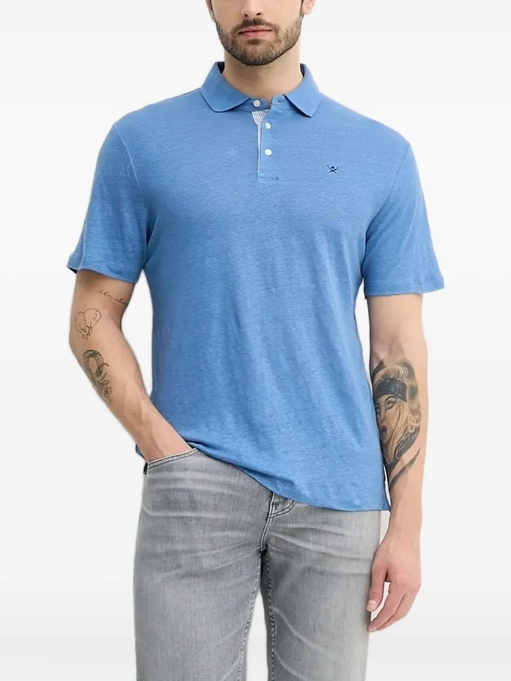 Hackett embroidered-logo linen polo shirt Blauw