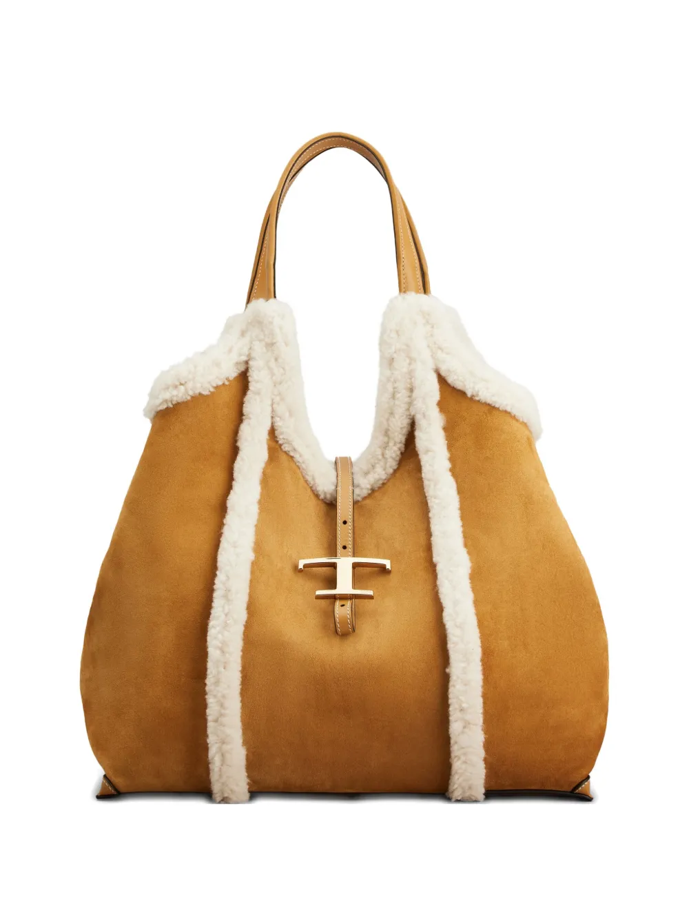 Tod's Shearling-trimmed T-buckle Shoulder Bag In Brown