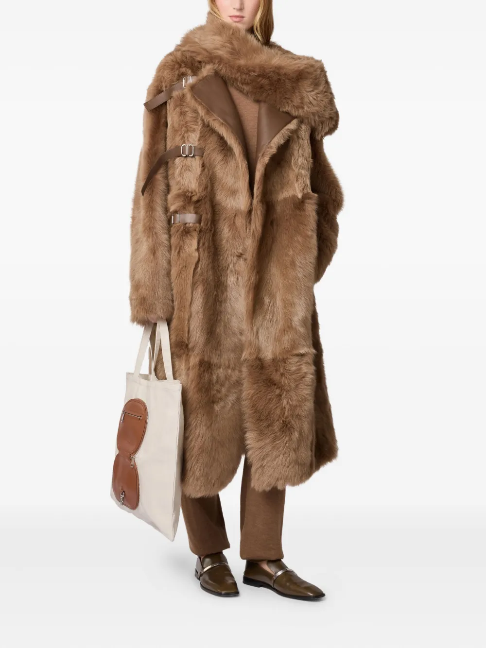 Tod's Buckled Shearling Coat In Brown