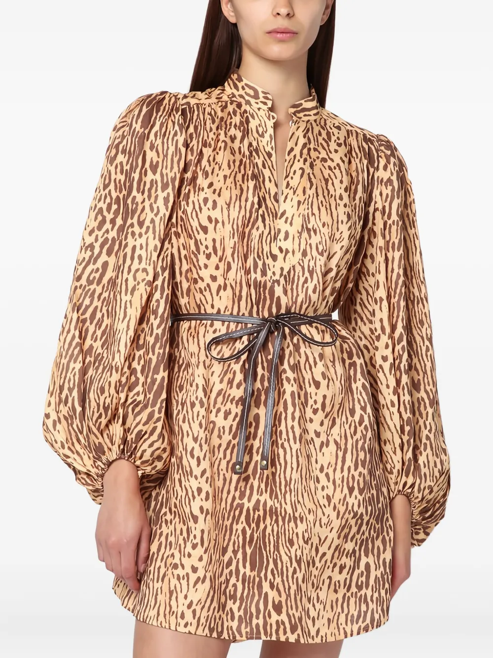 Zimmermann Leopard-print Puff-sleeve Mini Dress In Brown