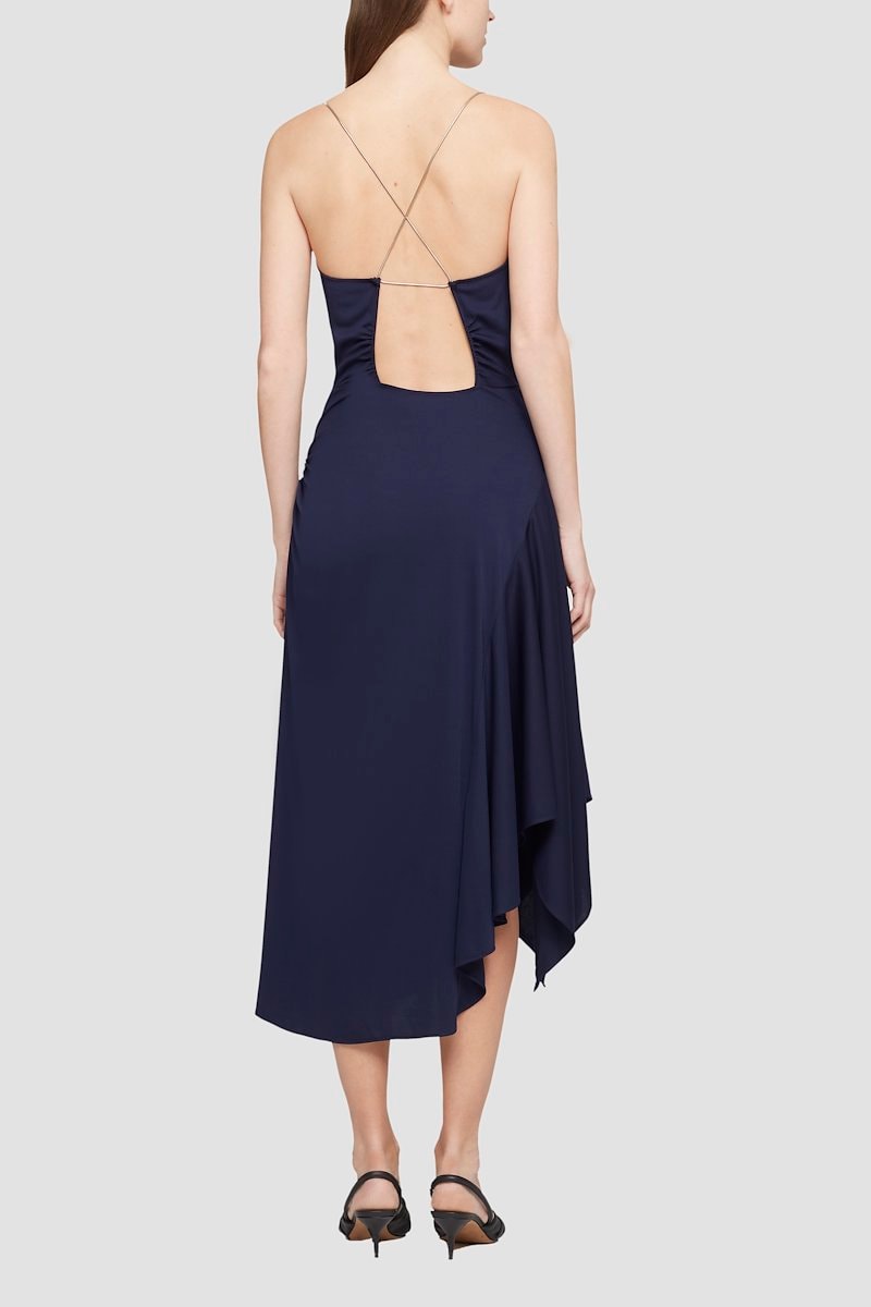 Asymmetrical Chain Strap Dress , Midnight blue draped-panel cowl-neck dress from 3.1 PHILLIP LIM featuring cowl neck, spaghetti straps, rear criss-cross straps, bias cut, smocked panel and high-low hem.- 3