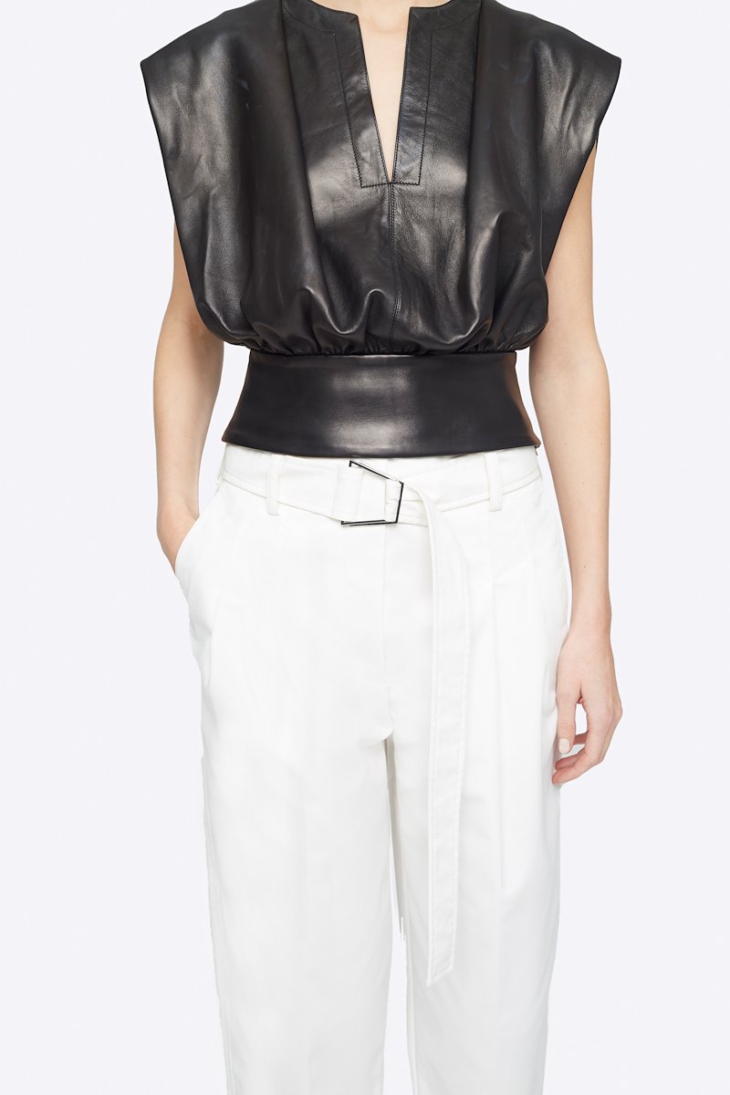 Belted Utility Pant-white #1 Belted Utility Pant, Antique white cotton-blend high-waisted cropped trousers from 3.1 PHILLIP LIM featuring tapered leg, pleat detailing, high waist, belted waist, concealed front fastening, two side slit pockets, rear patch pocket and cropped.- 3