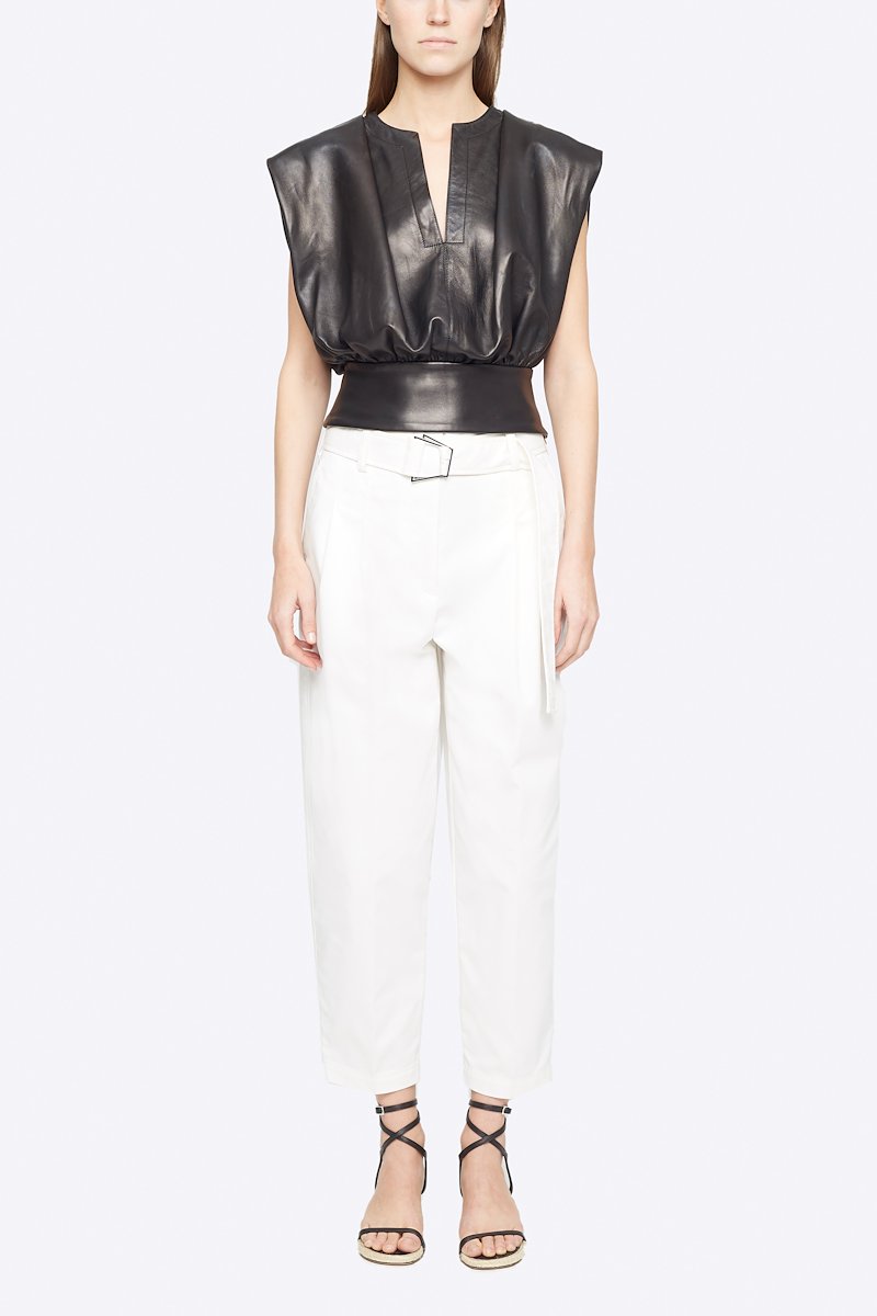 Belted Utility Pant-white #0 Belted Utility Pant, Antique white cotton-blend high-waisted cropped trousers from 3.1 PHILLIP LIM featuring tapered leg, pleat detailing, high waist, belted waist, concealed front fastening, two side slit pockets, rear patch pocket and cropped.- 4