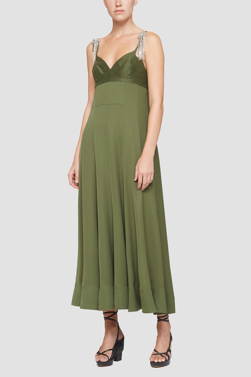 Bustier Gown-green #0 Bustier Gown, dark green spaghetti straps sweetheart neck crystal embellishment rear zip fastening flared design mid-length- 0