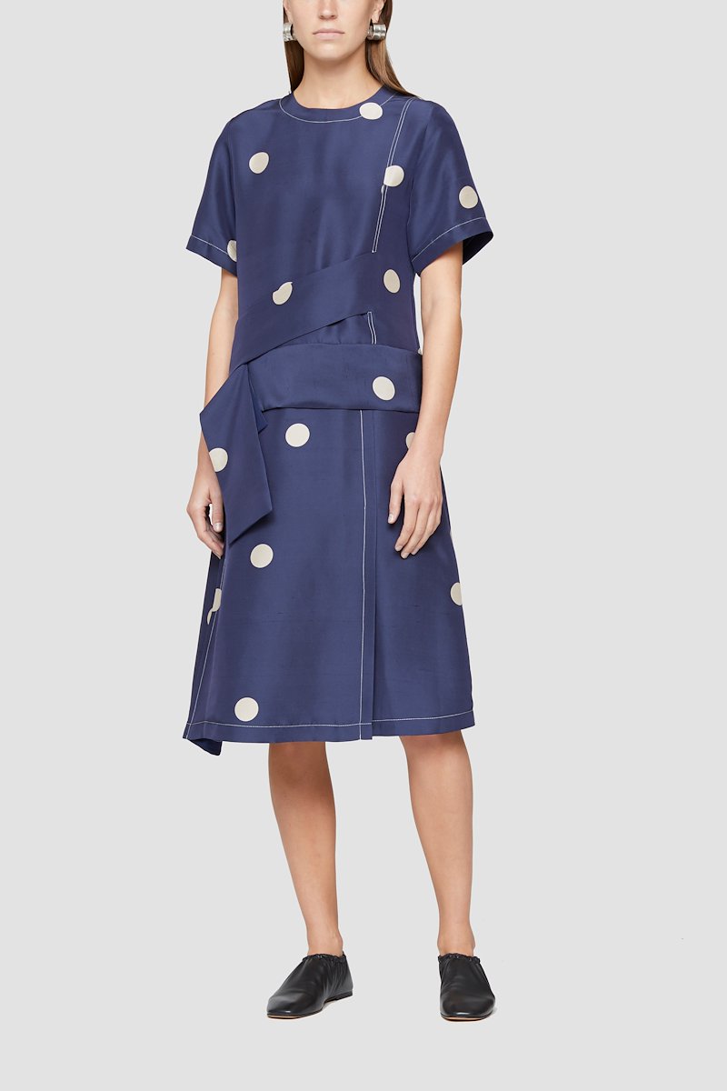 Dot Print Crossed Strap Dress-blue #1 Dot Print Crossed Strap Dress, There's never a wrong time for polka-dots. The ones on this silk strap-detail dress from 3.1 Phillip Lim come with a promise to make you have fun with your fashion whenever you throw it on. Now you're talking. Featuring a polka dot print, a round neck, short sleeves, a straight hem and strap appliqué detailing to the waist. - 1