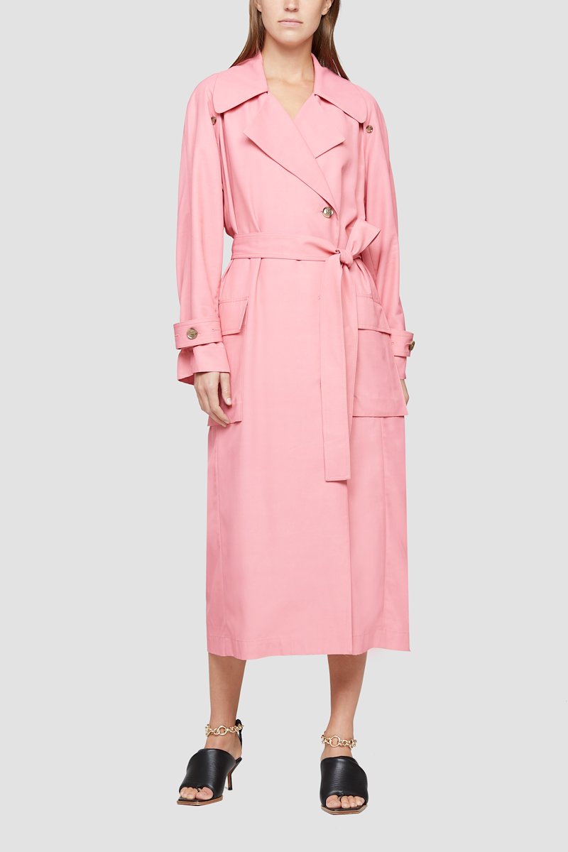 double-breasted belted trench coat-pink #1 double-breasted belted trench coat, Rosa pink double-breasted belted trench coat from 3.1 PHILLIP LIM featuring wide notch lapels, double-breasted button fastening, two side flap pockets, tied waist, long raglan sleeves, buttoned cuffs, unlined and central rear vent.- 5