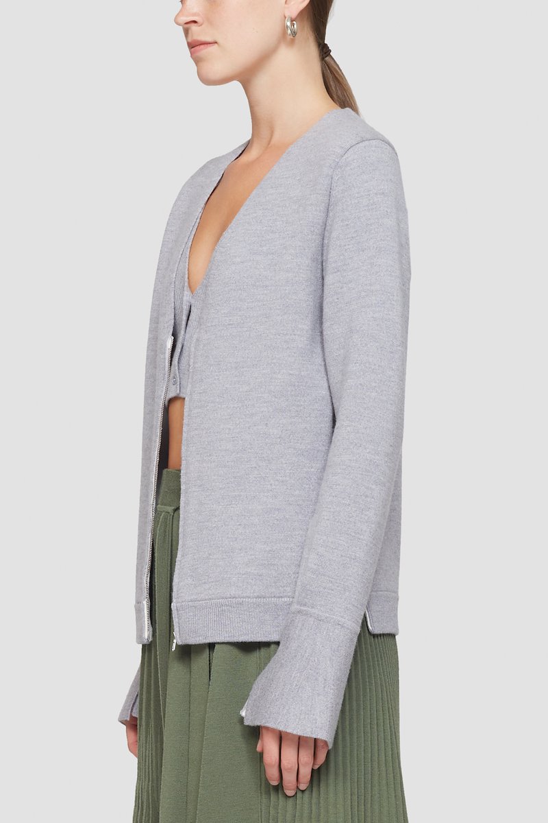 Double Face Wool Zip-Front Cardigan-grey #0 Double Face Wool Zip-Front Cardigan, heather grey wool blend mélange effect V-neck front zip fastening- 2