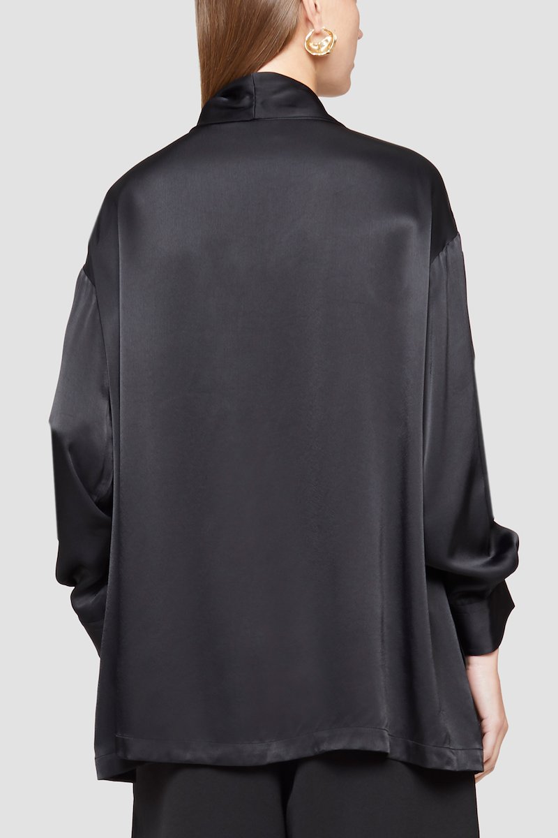 Draped Collar Shirt, Black cowl-neck satin blouse from 3.1 PHILLIP LIM featuring satin finish, cowl neck, long sleeves, buttoned cuffs and straight hem.- 2