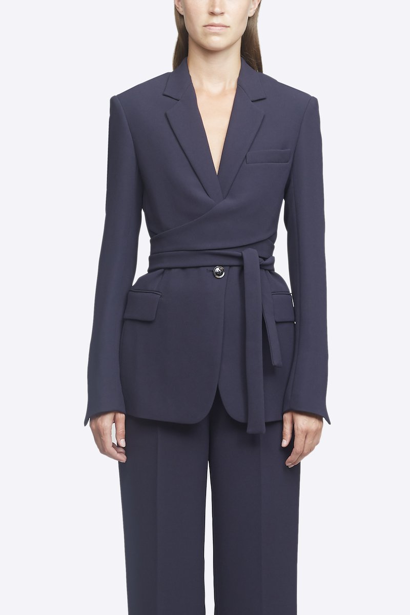 Heavy Cady Wrap Blazer-blue #0 Heavy Cady Wrap Blazer, Thinking about tailoring your wardrobe in a different direction? Smarten up and feel good in 3.1 Phillip Lim's midnight blue wrap blazer jacket, not only because of its sharp design but also thanks to it FSC®Certified triacetate construction. Suits you very well indeed. Featuring notched lapels, a broad welt chest pocket, a tie waist, a front button fastening, flap pockets, a rear central vent and slit cuffs. POSITIVELY CONSCIOUS: This product is made with a certified eco-material or a recycled material that is better for the planet, so you can be confident you are choosing positively. - 0