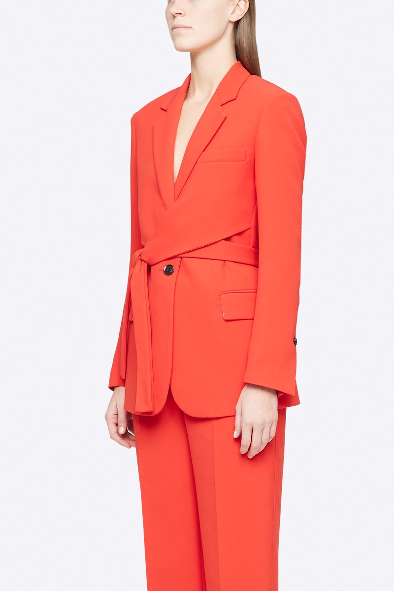 Heavy Cady Wrap Blazer-orange #1 Heavy Cady Wrap Blazer, Keep it formal but never boring. Detailed with a wrap waist, this orange single-breasted blazer from 3.1 Phillip Lim will take your business attire game to a whole new level. Ready to step up? Featuring notched lapels, a front button fastening, long sleeves, button cuffs, a chest pocket, front flap pockets and a rear central vent. POSITIVELY CONSCIOUS: This product is made with a certified eco-material or a recycled material that is better for the planet, so you can be confident you are choosing positively.- 1