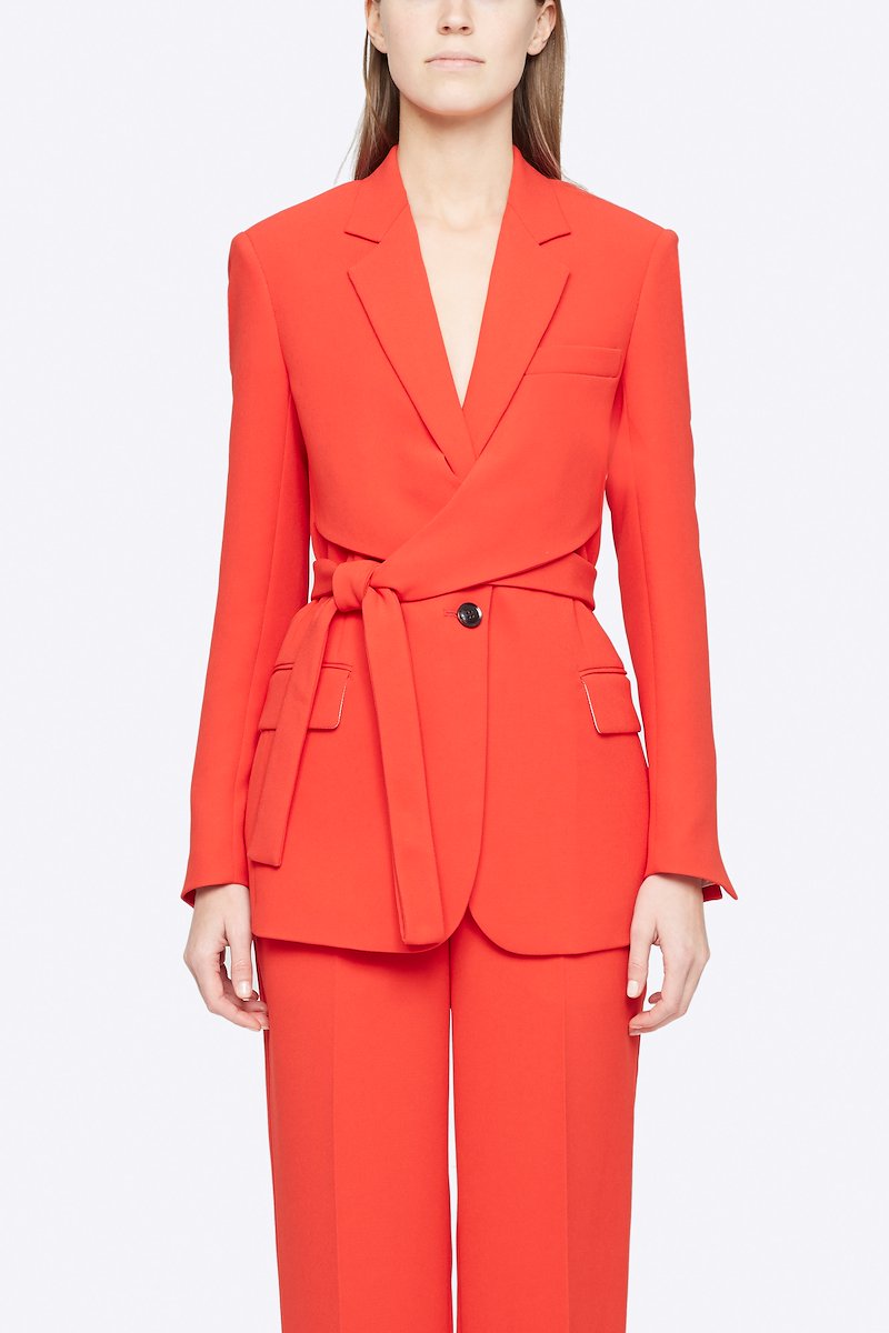 Heavy Cady Wrap Blazer-orange #0 Heavy Cady Wrap Blazer, Keep it formal but never boring. Detailed with a wrap waist, this orange single-breasted blazer from 3.1 Phillip Lim will take your business attire game to a whole new level. Ready to step up? Featuring notched lapels, a front button fastening, long sleeves, button cuffs, a chest pocket, front flap pockets and a rear central vent. POSITIVELY CONSCIOUS: This product is made with a certified eco-material or a recycled material that is better for the planet, so you can be confident you are choosing positively.- 0