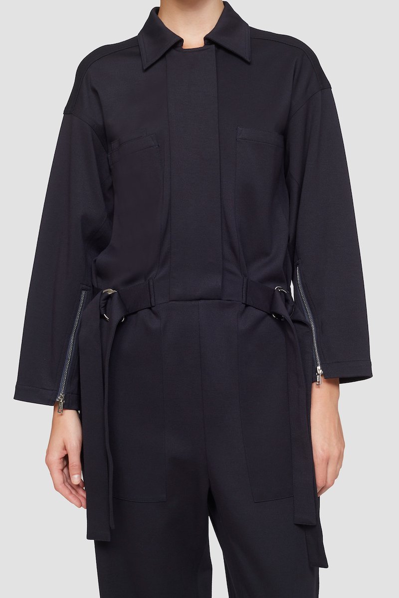 Knit Twill Utility Jumpsuit-blue #0 Knit Twill Utility Jumpsuit, midnight blue classic collar two chest welt pockets cuff zips waist tabs cropped- 4