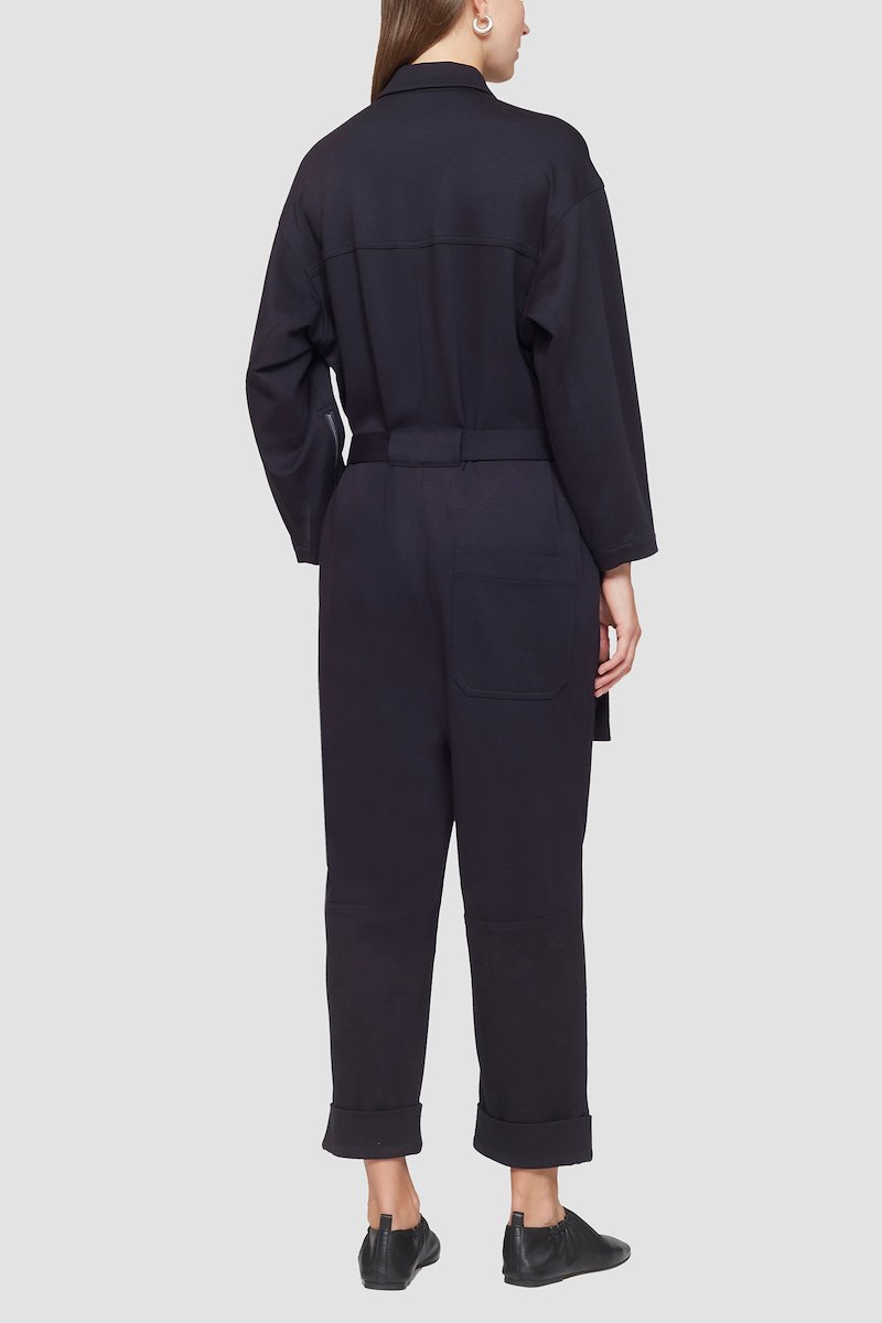 Knit Twill Utility Jumpsuit-blue #1 Knit Twill Utility Jumpsuit, midnight blue classic collar two chest welt pockets cuff zips waist tabs cropped- 3