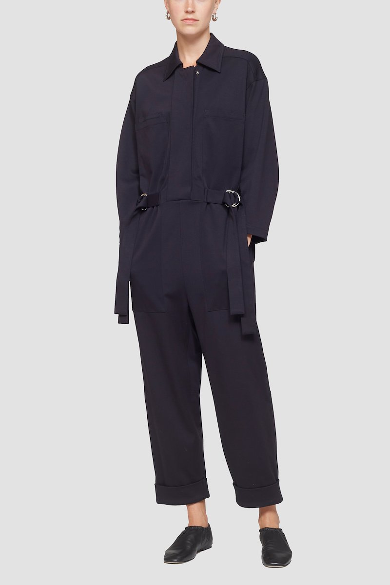 Knit Twill Utility Jumpsuit-blue #0 Knit Twill Utility Jumpsuit, midnight blue classic collar two chest welt pockets cuff zips waist tabs cropped- 0