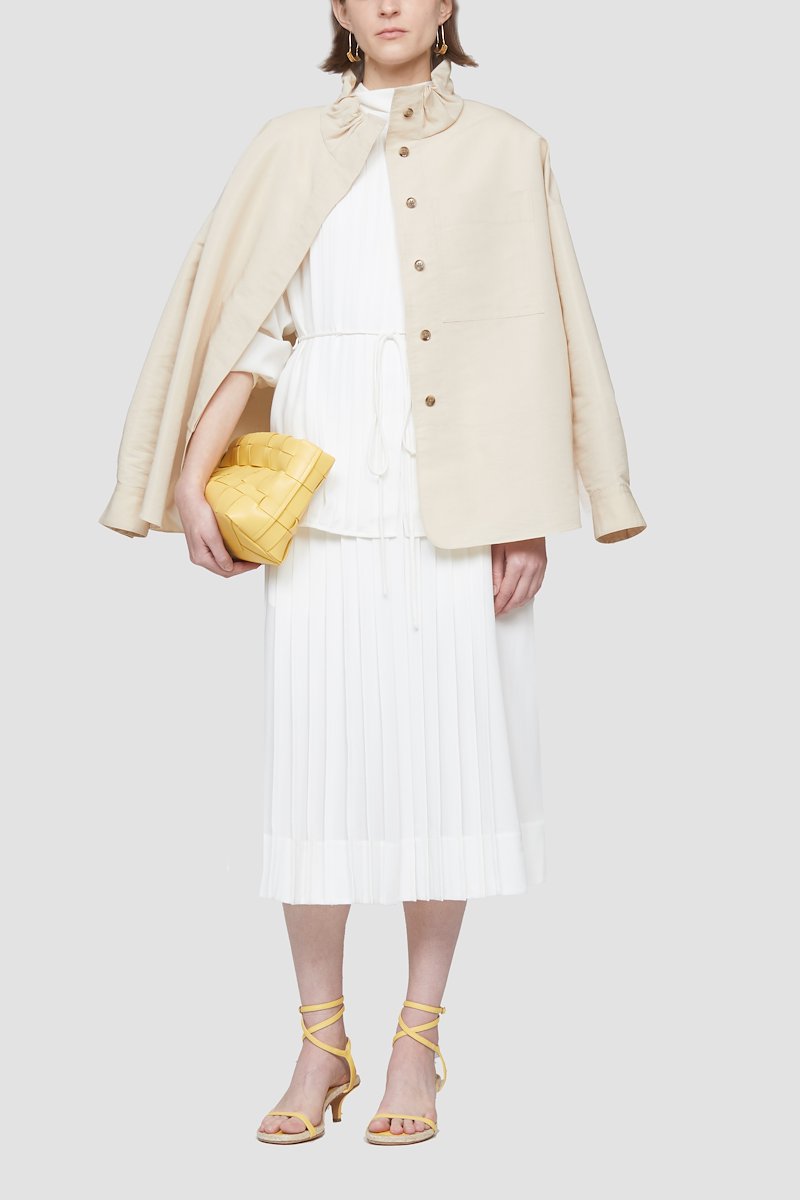 Layered Knife Pleat Dress-white #0 Layered Knife Pleat Dress, Ivory white pleated tie-waist dress from 3.1 PHILLIP LIM featuring flared design, pleat detailing, crew neck, keyhole detail to the rear, long sleeves, tied waist and mid-length.- 0
