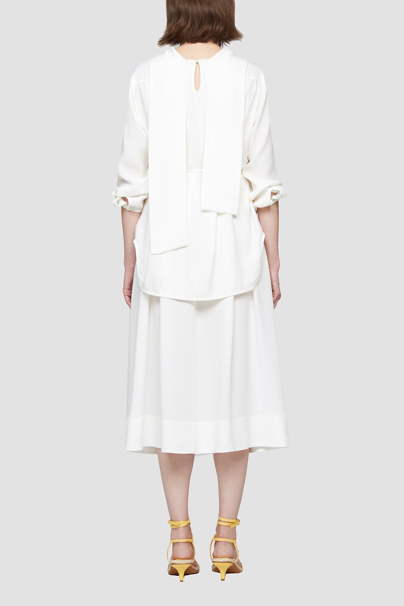 Layered Knife Pleat Dress-white #0 Layered Knife Pleat Dress, Ivory white pleated tie-waist dress from 3.1 PHILLIP LIM featuring flared design, pleat detailing, crew neck, keyhole detail to the rear, long sleeves, tied waist and mid-length.- 4