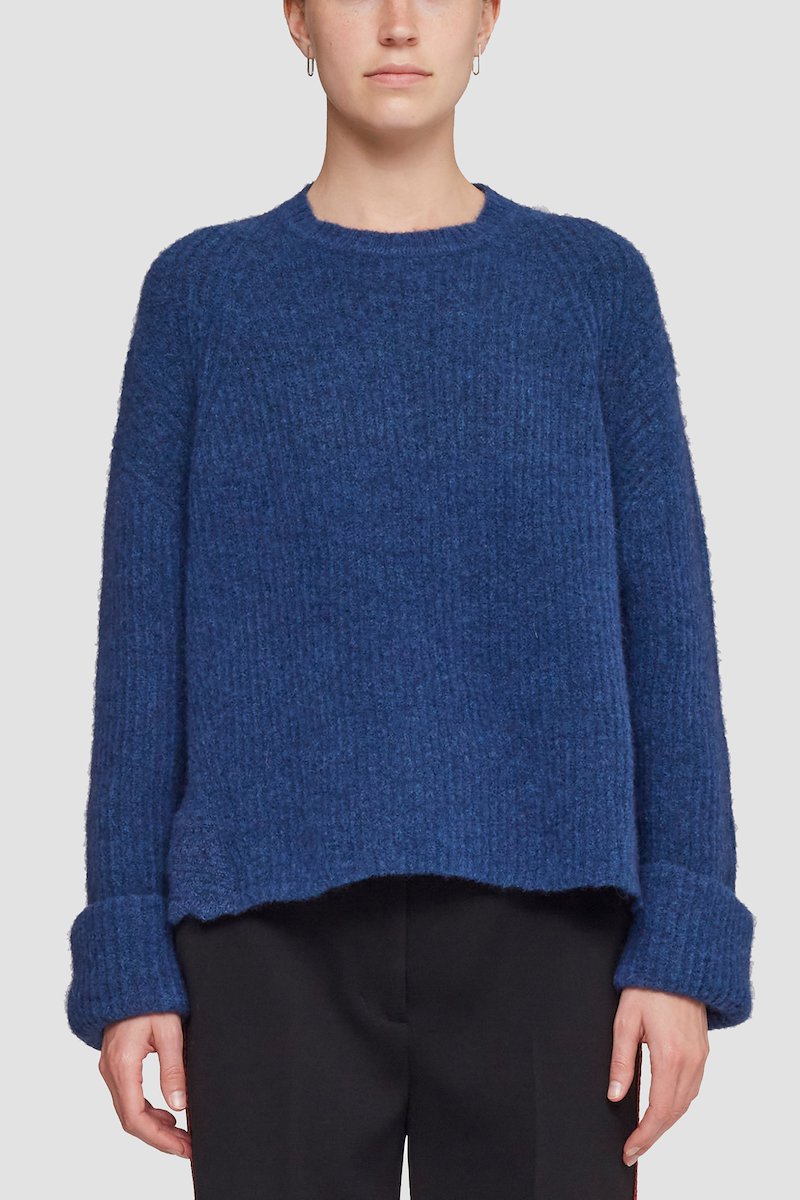 Long Sleeve Crewneck Pullover With Lace Detail,  Marine blue wool blend scallop-trim jumper from 3.1 PHILLIP LIM featuring ribbed knit, scallop edge, flared hem, long sleeves and turn-up cuffs.- 1