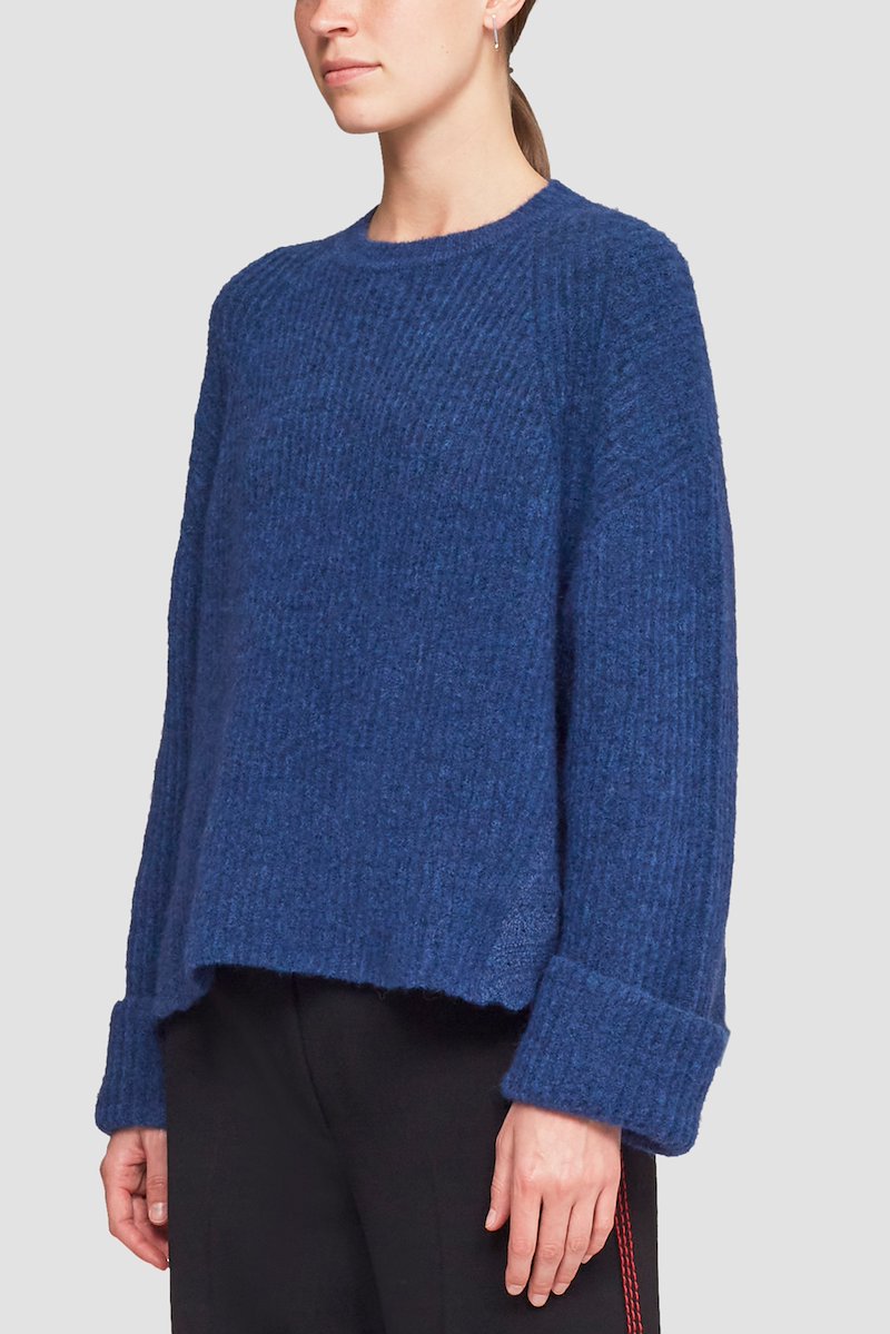 Long Sleeve Crewneck Pullover With Lace Detail-blue #0 Long Sleeve Crewneck Pullover With Lace Detail, null- 2