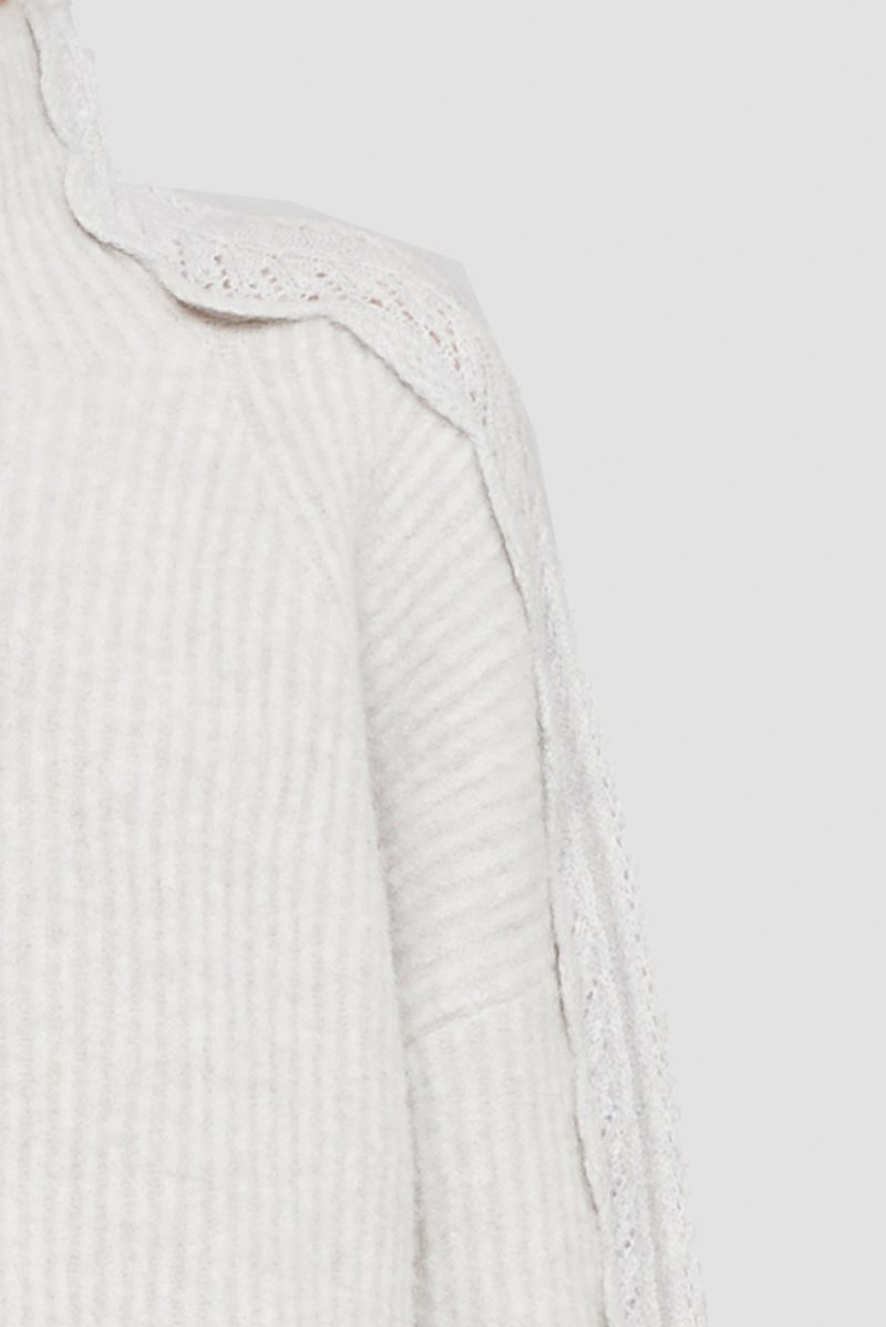 Long Sleeve Funnel Neck Pullover With Lace Detail-white #1 Long Sleeve Funnel Neck Pullover With Lace Detail, null- 5