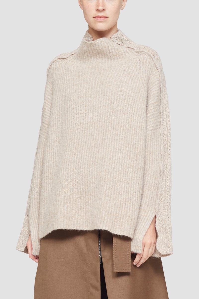 Long Sleeve Funnel Neck Pullover With Lace Detail-neutrals #1 Long Sleeve Funnel Neck Pullover With Lace Detail, null- 1