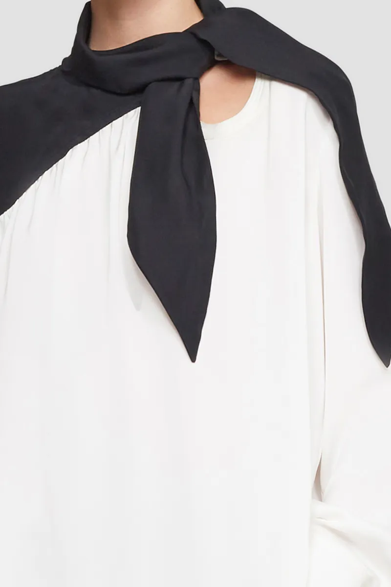 white tie neck long sleeve blouse