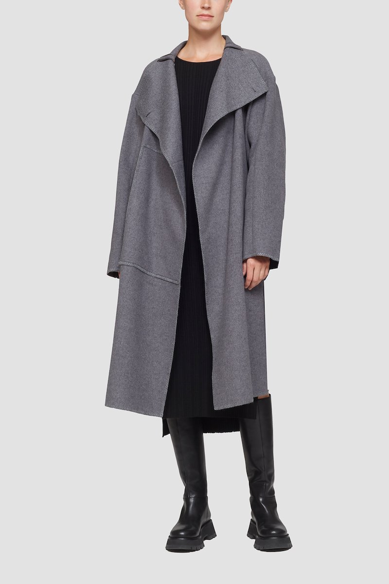 Melton Wool Blend Blanket Coat-grey #1 Melton Wool Blend Blanket Coat, Charcoal grey recycled wool-Tencel™ blend wrap blanket coat from 3.1 PHILLIP LIM featuring high neck, off-centre front button fastening, patch detail, drop shoulder, long sleeves, side slits, central rear vent and oversized style. POSITIVELY CONSCIOUS: At least 50% of the main material of this product meets our conscious criteria. For example, it's either organic, recycled, upcycled or independently recognised as being better for the environment (such as linen, ramie, TENCEL™ etc.)..- 1