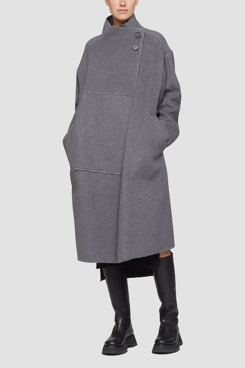 Melton Wool Blend Blanket Coat-grey #0 Melton Wool Blend Blanket Coat, Charcoal grey recycled wool-Tencel™ blend wrap blanket coat from 3.1 PHILLIP LIM featuring high neck, off-centre front button fastening, patch detail, drop shoulder, long sleeves, side slits, central rear vent and oversized style. POSITIVELY CONSCIOUS: At least 50% of the main material of this product meets our conscious criteria. For example, it's either organic, recycled, upcycled or independently recognised as being better for the environment (such as linen, ramie, TENCEL™ etc.)..- 2