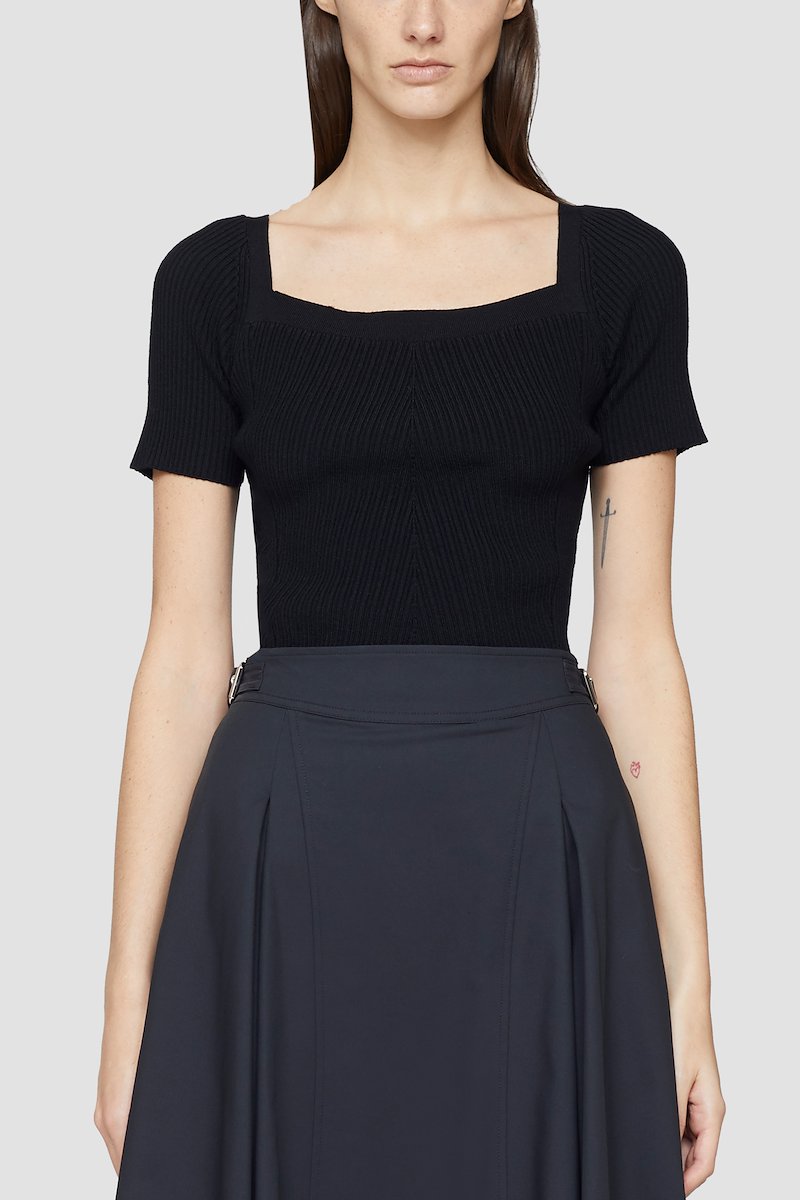 Open Neck Short Sleeve Ribbed Sweater-black #0 Open Neck Short Sleeve Ribbed Sweater, Black wool-blend ribbed-knit top from 3.1 PHILLIP LIM featuring ribbed knit, square neck, short sleeves and lettuce hem.- 0