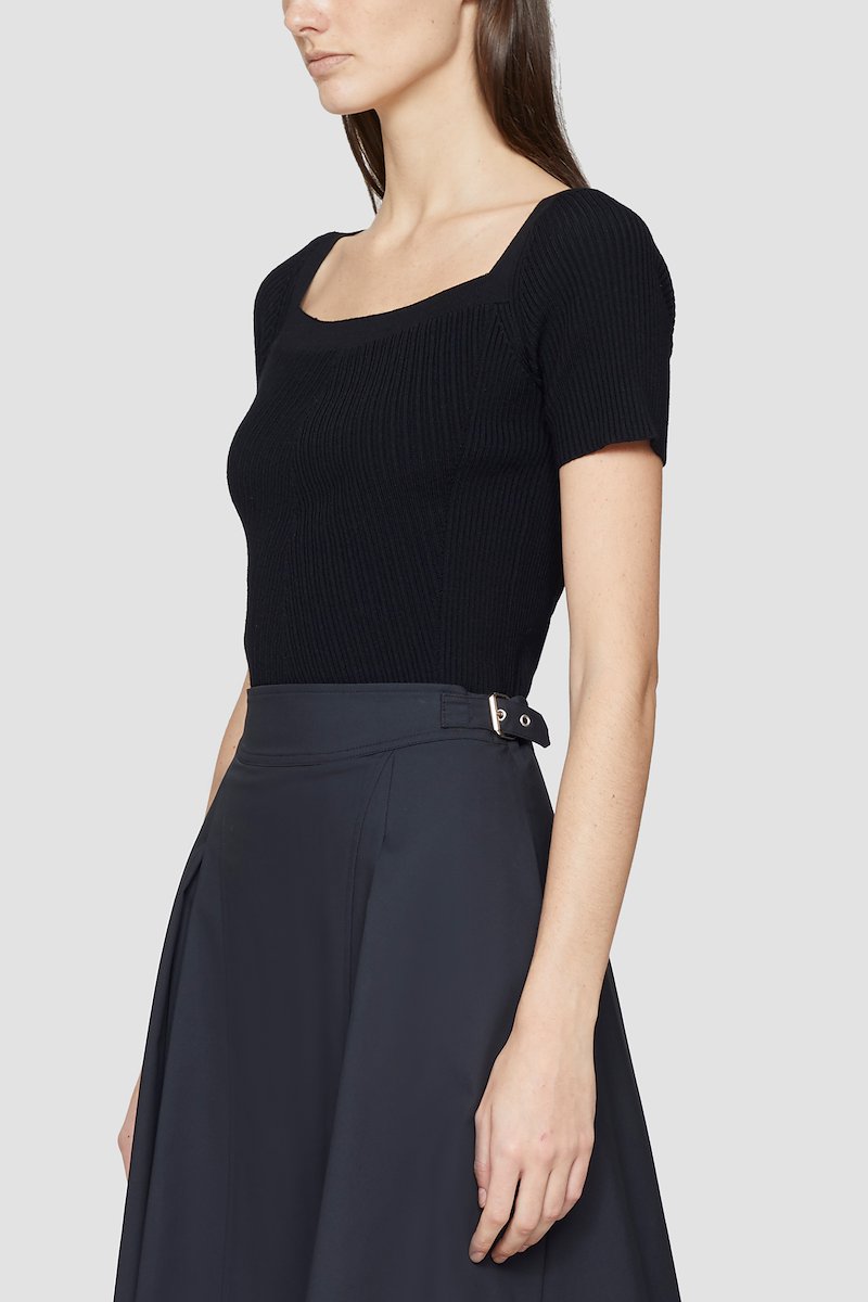 Open Neck Short Sleeve Ribbed Sweater-black #1 Open Neck Short Sleeve Ribbed Sweater, Black wool-blend ribbed-knit top from 3.1 PHILLIP LIM featuring ribbed knit, square neck, short sleeves and lettuce hem.- 1