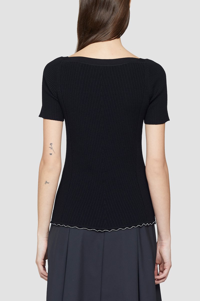 Open Neck Short Sleeve Ribbed Sweater-black #0 Open Neck Short Sleeve Ribbed Sweater, Black wool-blend ribbed-knit top from 3.1 PHILLIP LIM featuring ribbed knit, square neck, short sleeves and lettuce hem.- 2