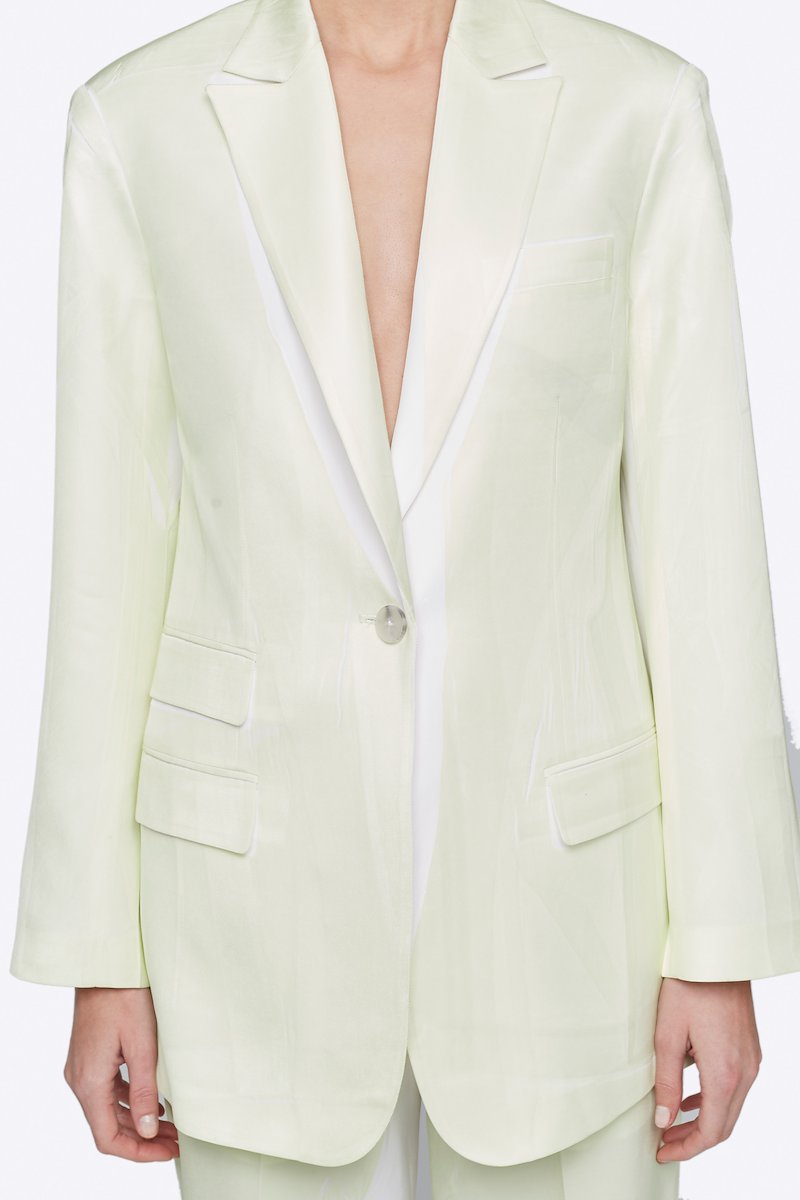 Overprinted Blazer-white #1 Overprinted Blazer, Time to take your blazer game to a whole new level. Detailed with peaked lapels, this pale yellow and white single-breasted blazer from 3.1 Phillip Lim is all you need for a sophisticated "I mean business" look. Ready to step up? Featuring a front button fastening, long sleeves, button cuffs, a chest pocket, front flap pockets and a double vent to the rear. POSITIVELY CONSCIOUS: This product is made with a certified eco-material or a recycled material that is better for the planet, so you can be confident you are choosing positively.- 3