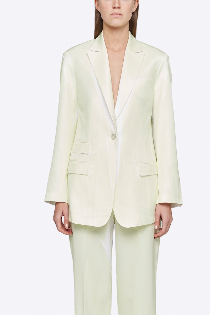 Overprinted Blazer-white #0 Overprinted Blazer, Time to take your blazer game to a whole new level. Detailed with peaked lapels, this pale yellow and white single-breasted blazer from 3.1 Phillip Lim is all you need for a sophisticated "I mean business" look. Ready to step up? Featuring a front button fastening, long sleeves, button cuffs, a chest pocket, front flap pockets and a double vent to the rear. POSITIVELY CONSCIOUS: This product is made with a certified eco-material or a recycled material that is better for the planet, so you can be confident you are choosing positively.- 0