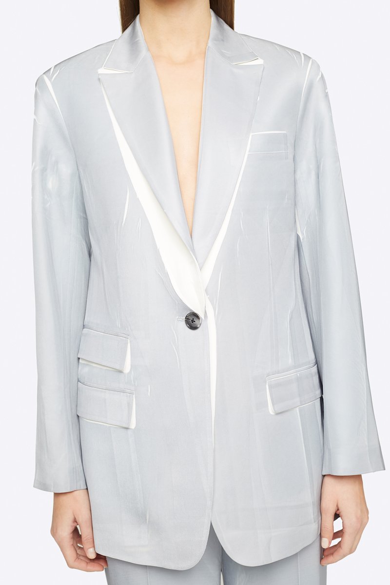 Overprinted Blazer-grey #1 Overprinted Blazer, Time to take your blazer game to a whole new level. Detailed with peaked lapels, this grey and white single-breasted blazer from 3.1 Phillip Lim is all you need for a sophisticated "I mean business" look. Ready to step up? Featuring a front button fastening, long sleeves, button cuffs, a chest pocket, front flap pockets and a double vent to the rear. POSITIVELY CONSCIOUS: This product is made with a certified eco-material or a recycled material that is better for the planet, so you can be confident you are choosing positively.- 3