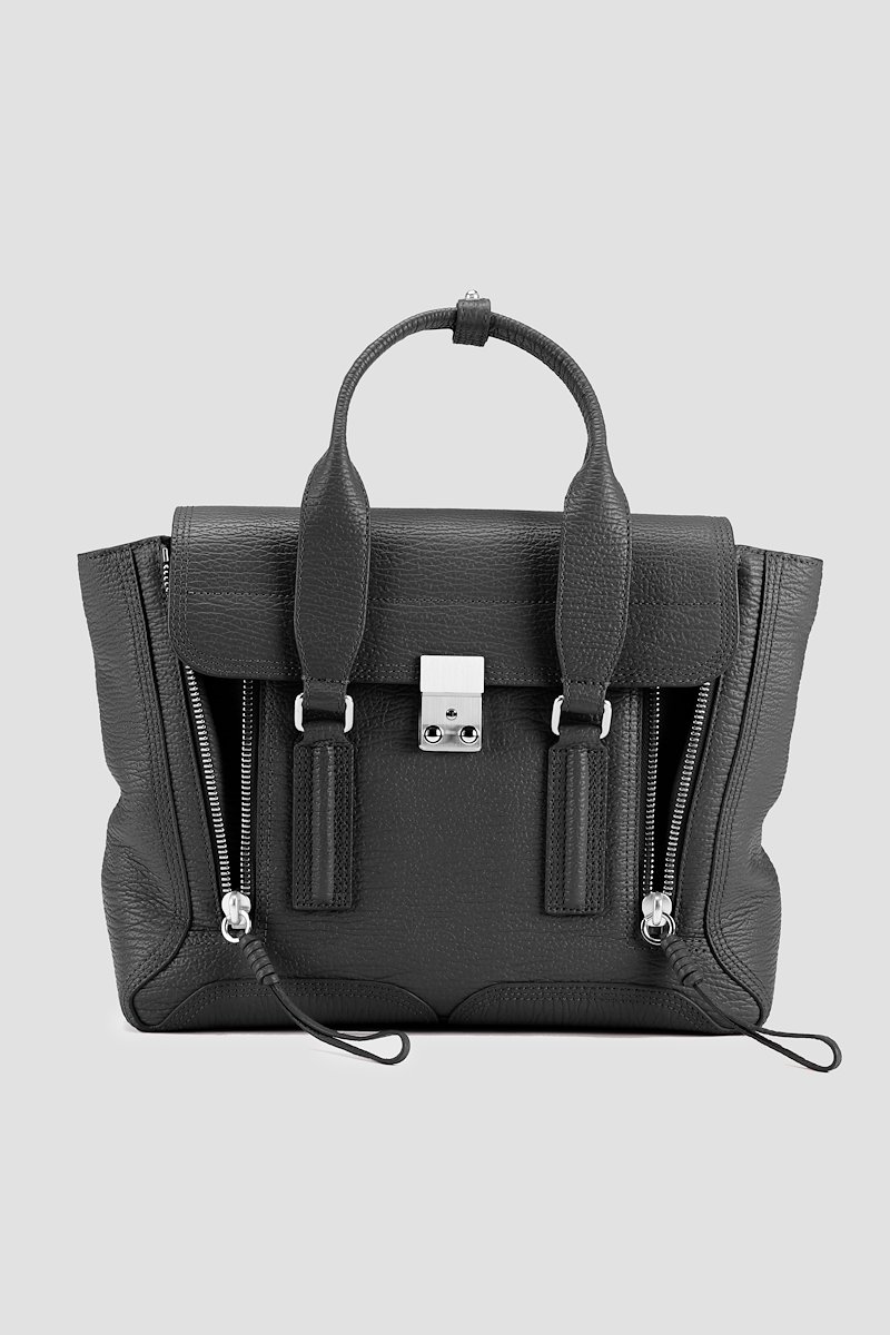 Pashli Medium Satchel-black #0 Pashli Medium Satchel, Black calf leather Pashli medium satchel bag from 3.1 Phillip Lim featuring two rounded top handles, adjustable detachable shoulder strap, silver-tone clasp fastening, main compartment, internal zip pocket and zip details.- 0