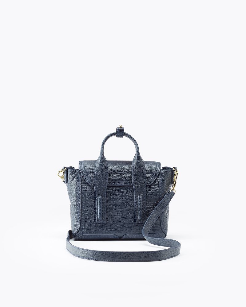 Pashli Mini Satchel-blue #1 Pashli Mini Satchel, Ink blue calf leather Pashli mini satchel bag from 3.1 Phillip Lim featuring gold-tone hardware, adjustable detachable shoulder strap, two rounded top handles, clasp fastening, main compartment, internal zip pocket and zip details.- 1