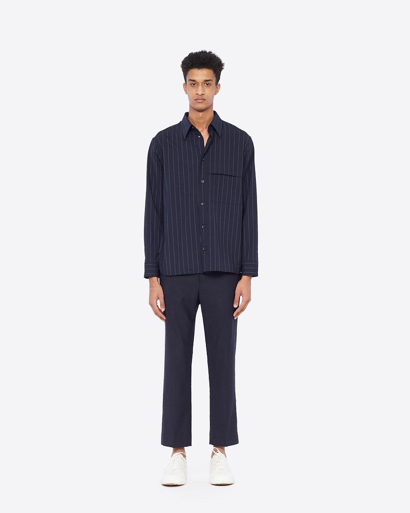 Pinstripe Shirt-blue #0 Pinstripe Shirt, NAVY PINSTRIPE Wool or fine animal hair->Wool Pinstripe Shirt from 3.1 Phillip Lim. - 0