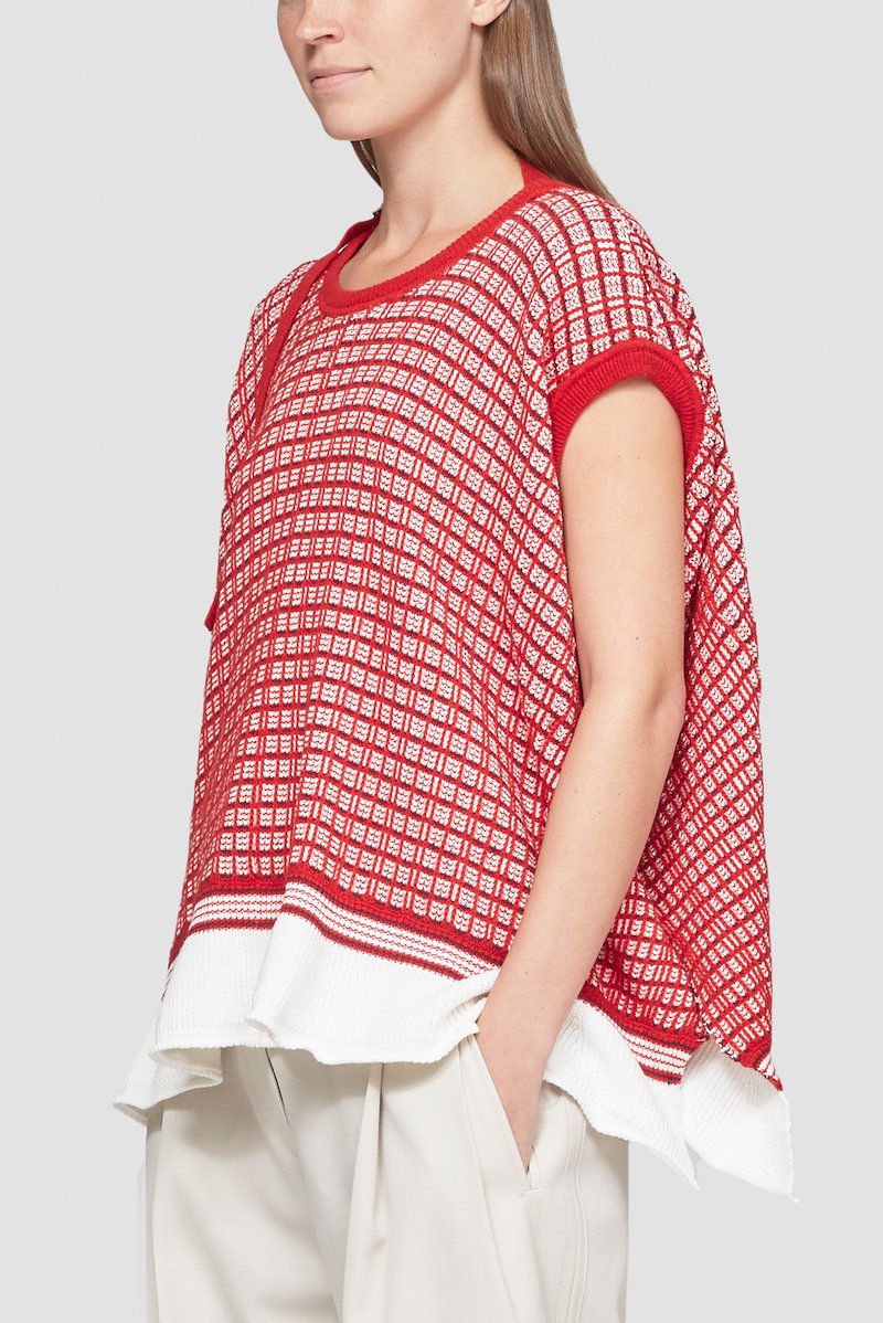 Plaid Knit Jacquard Cap Sleeve Top-red #0 Plaid Knit Jacquard Cap Sleeve Top, null- 2