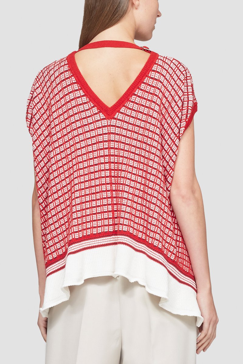 Plaid Knit Jacquard Cap Sleeve Top-red #1 Plaid Knit Jacquard Cap Sleeve Top, null- 3