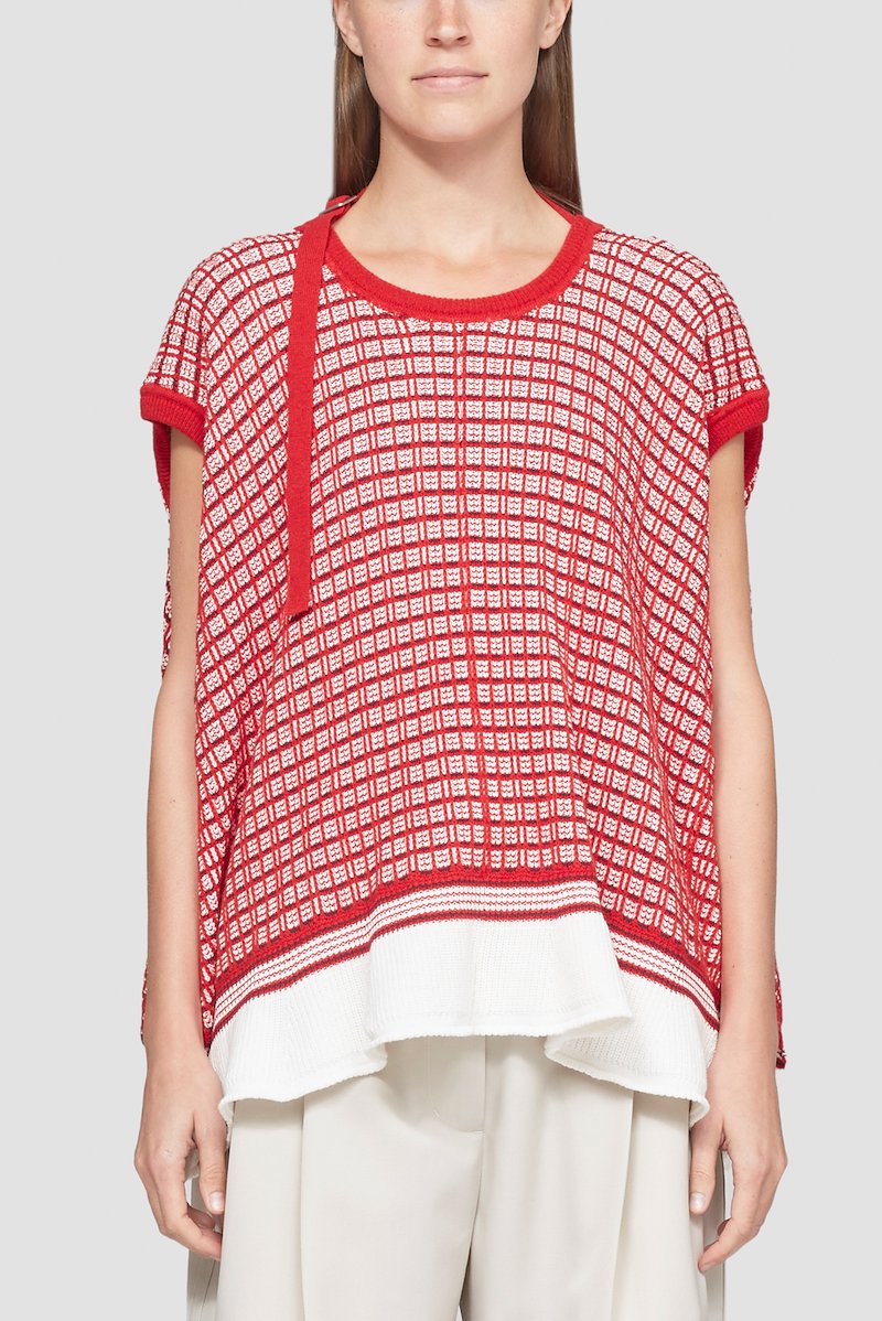 Plaid Knit Jacquard Cap Sleeve Top-red #1 Plaid Knit Jacquard Cap Sleeve Top, null- 1