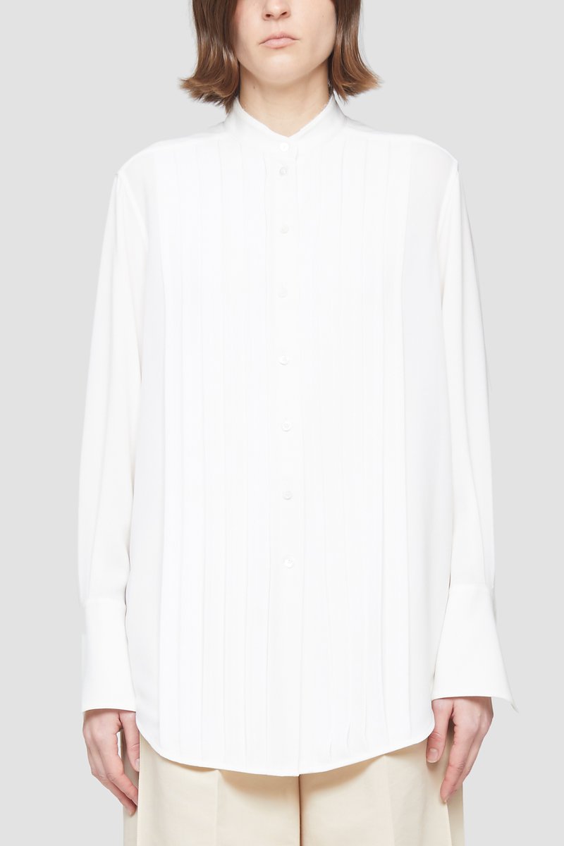 Pleated Button Down Shirt-white #0 Pleated Button Down Shirt, Ivory white pleated-panel button-up shirt from 3.1 PHILLIP LIM featuring pleat detailing, band collar, front button fastening, long sleeves, buttoned cuffs and curved hem.- 2