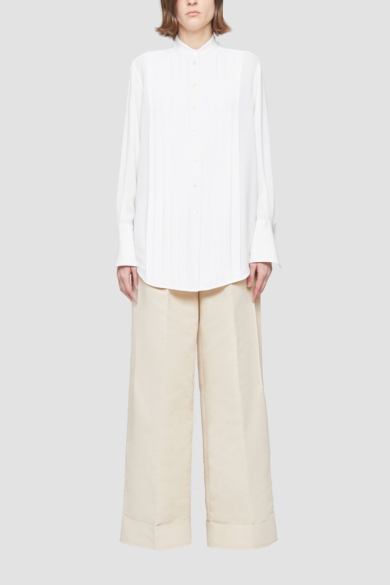 Pleated Button Down Shirt, Ivory white pleated-panel button-up shirt from 3.1 PHILLIP LIM featuring pleat detailing, band collar, front button fastening, long sleeves, buttoned cuffs and curved hem.- 1