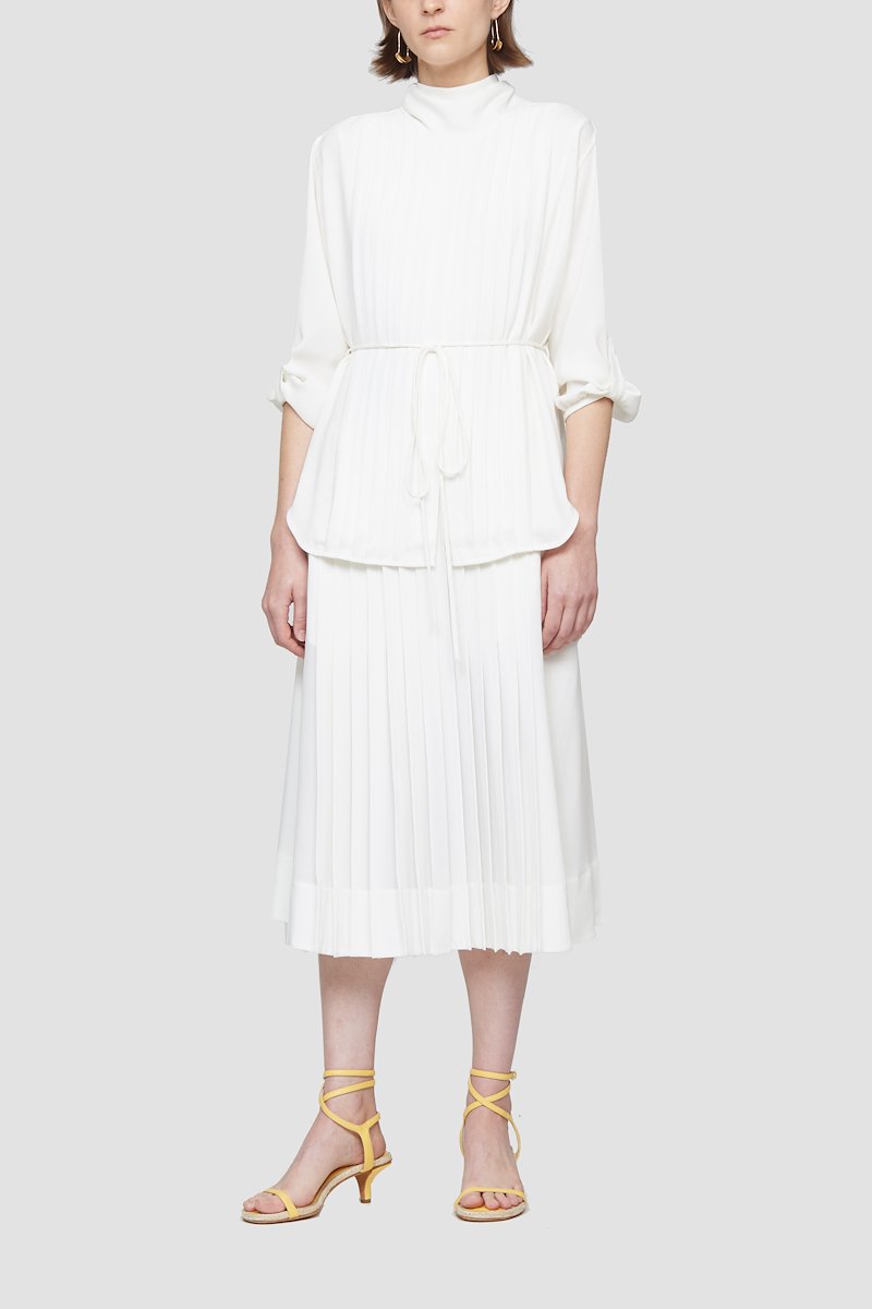 pleated tie-waist dress -white #1 pleated tie-waist dress , Ivory white pleated tie-waist dress from 3.1 PHILLIP LIM featuring flared design, pleat detailing, crew neck, keyhole detail to the rear, long sleeves, tied waist and mid-length.- 1