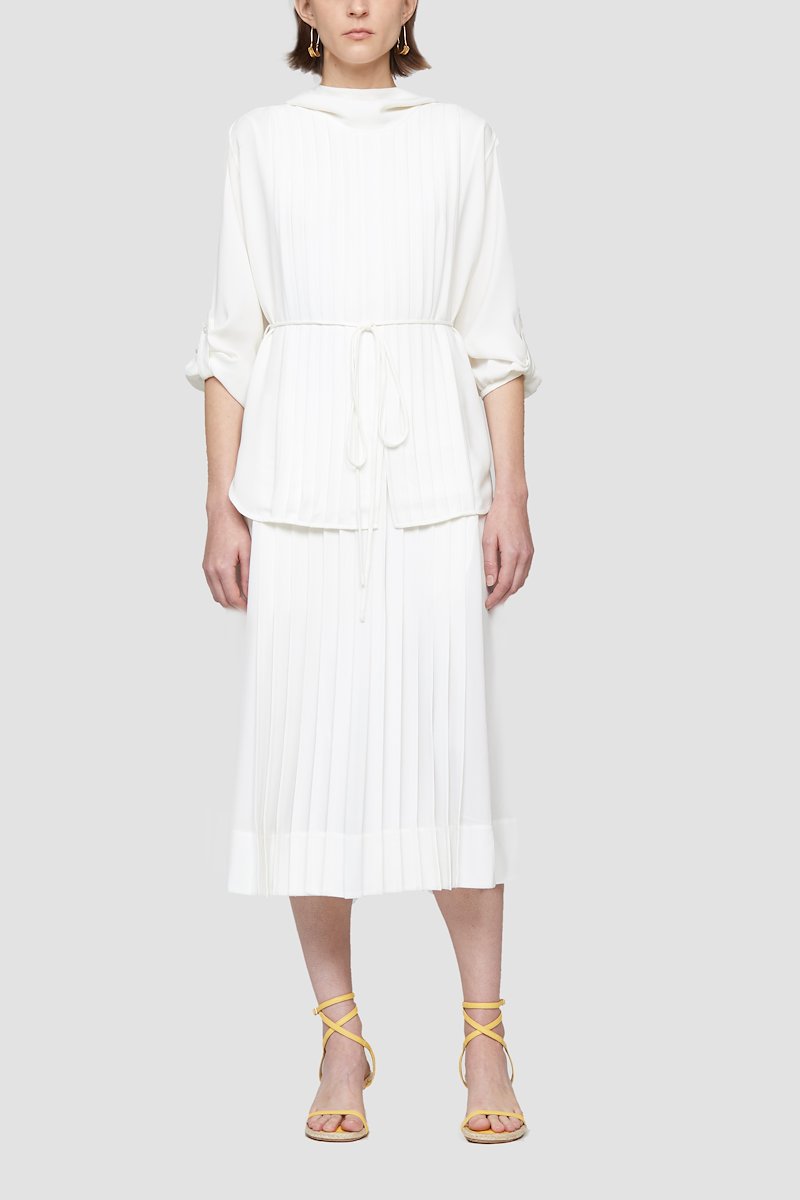 pleated tie-waist dress -white #0 pleated tie-waist dress , Ivory white pleated tie-waist dress from 3.1 PHILLIP LIM featuring flared design, pleat detailing, crew neck, keyhole detail to the rear, long sleeves, tied waist and mid-length.- 2