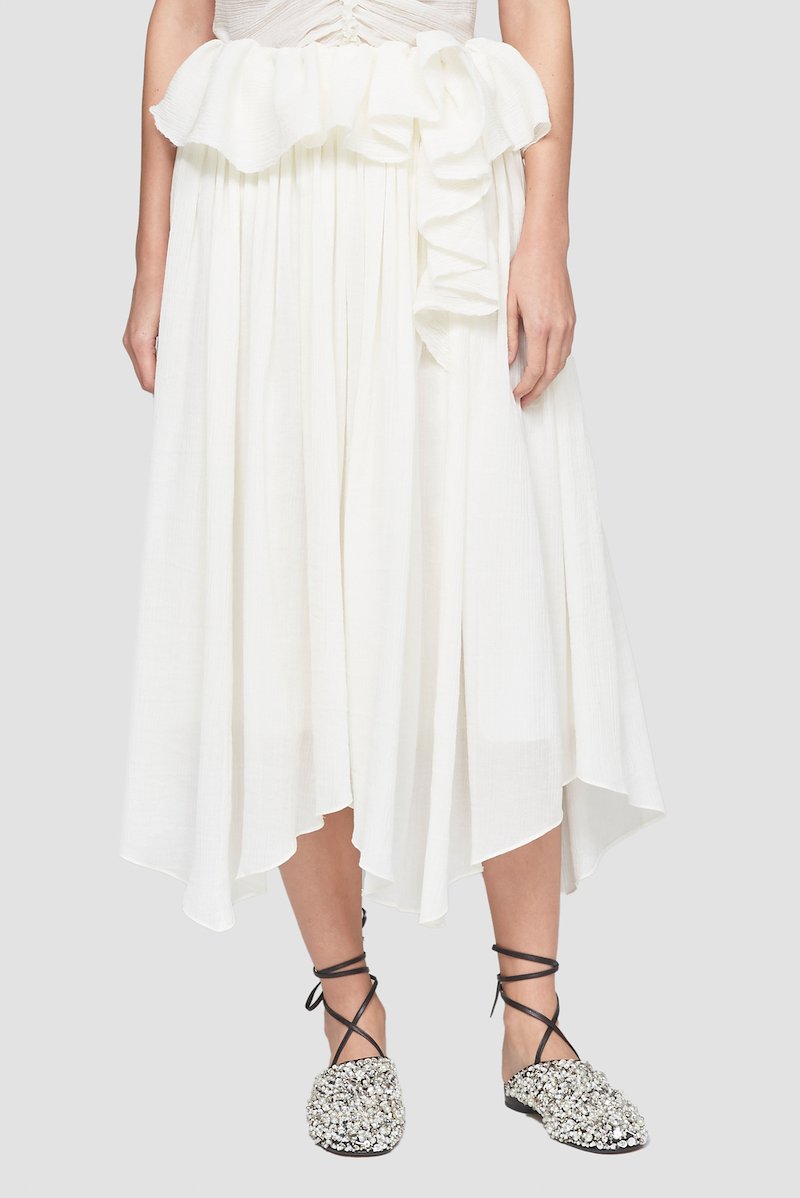 Plissé Voile Draped Skirt-white #1 Plissé Voile Draped Skirt, Ecru white cotton blend plissé petal drape skirt from 3.1 PHILLIP LIM featuring high-waisted, concealed rear zip fastening, draped detailing, layered design and asymmetric hem.- 1
